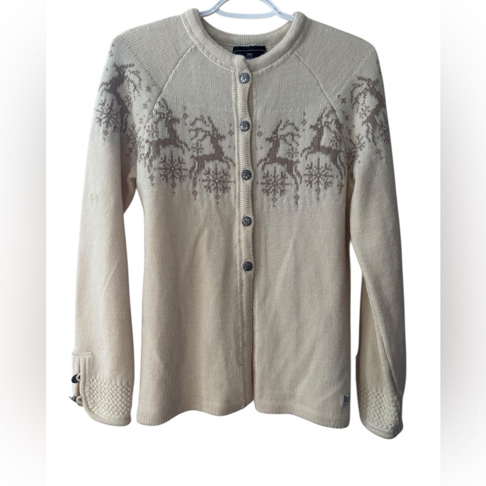 Dale Of Norway Wool Fair Isle Nordic Reindeer Cardigan Sweater Velvet Trim Tie M